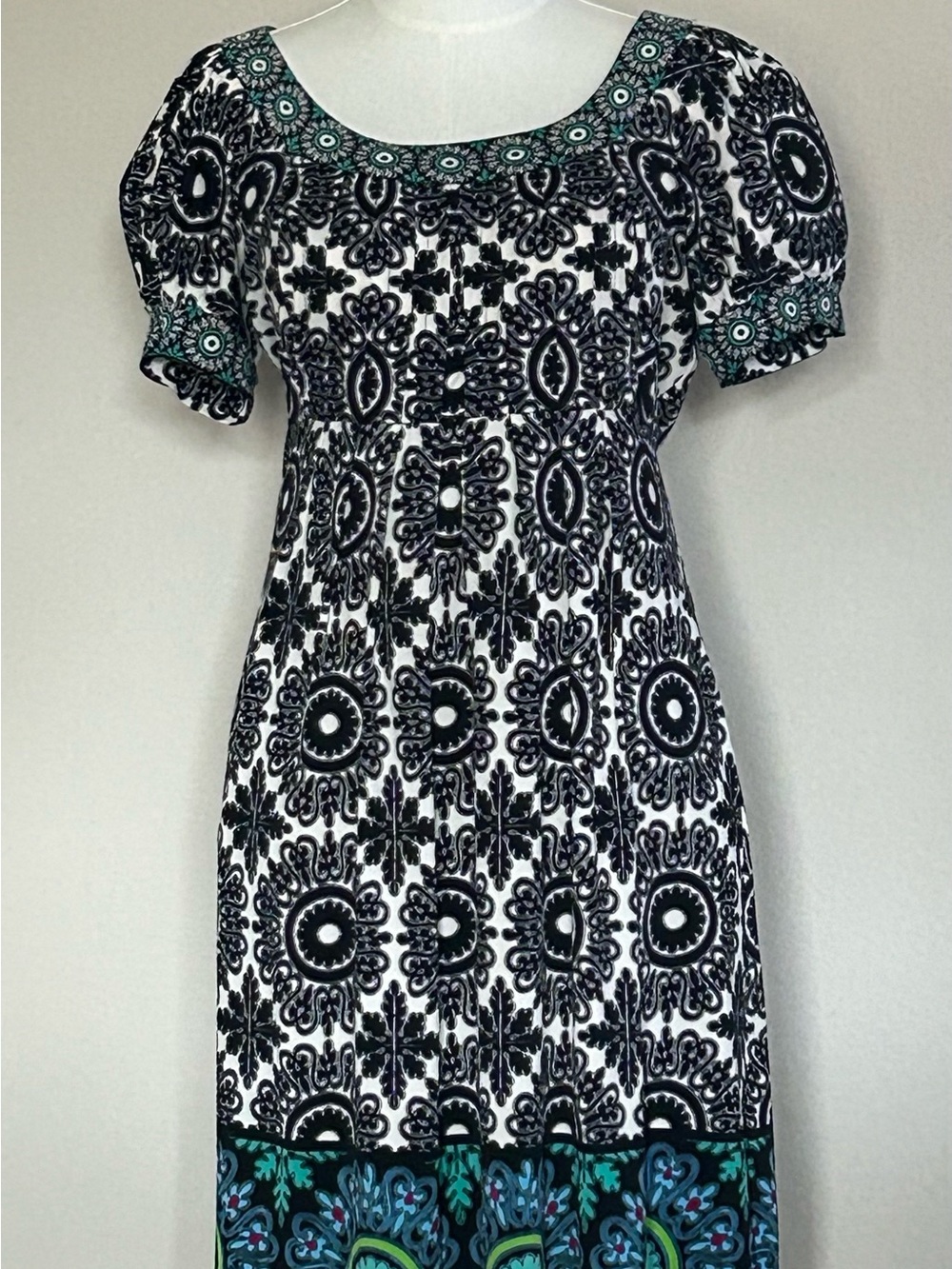 Black & White Patterned Midi Dress with Teal Trim